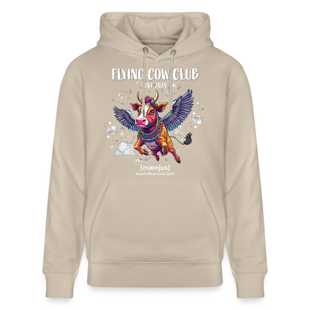 Unisex Bio-Hoodie mit FLYING COW CLUB PRINT Vorderseite - Beige