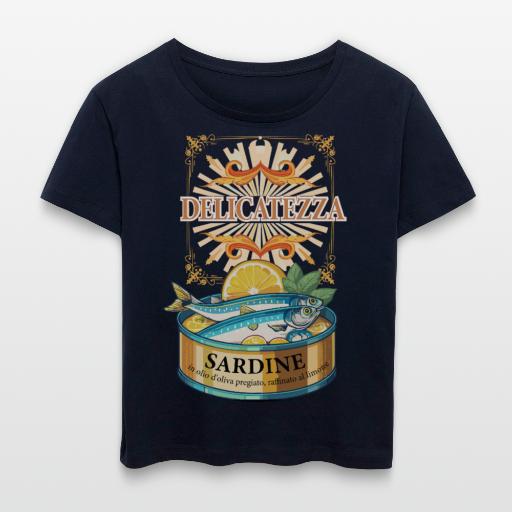 Rundhals Frauen Bio-T-Shirt mit DELICATEZZA SARDINE PRINT Vorderseite - Navy