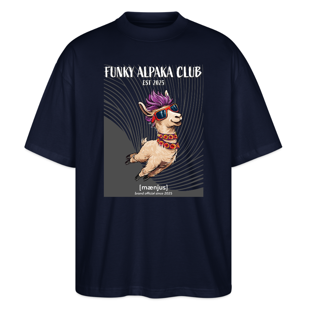 Oversized Unisex Bio T-Shirt mit FUNKY ALPAKA CLUB PRINT Vorderseite - Navy