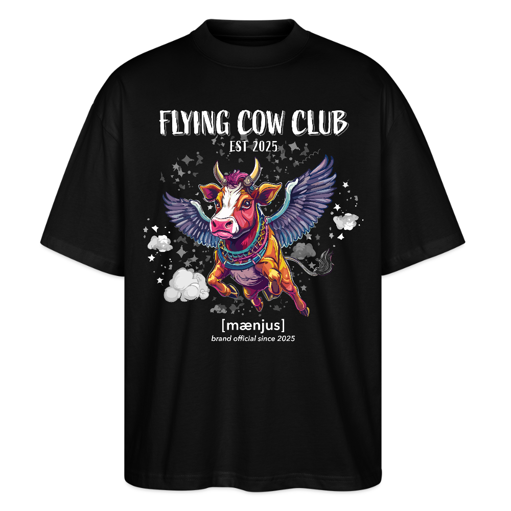 Oversized Unisex Bio T-Shirt mit FLYING COW CLUB PRINT Vorderseite - Schwarz