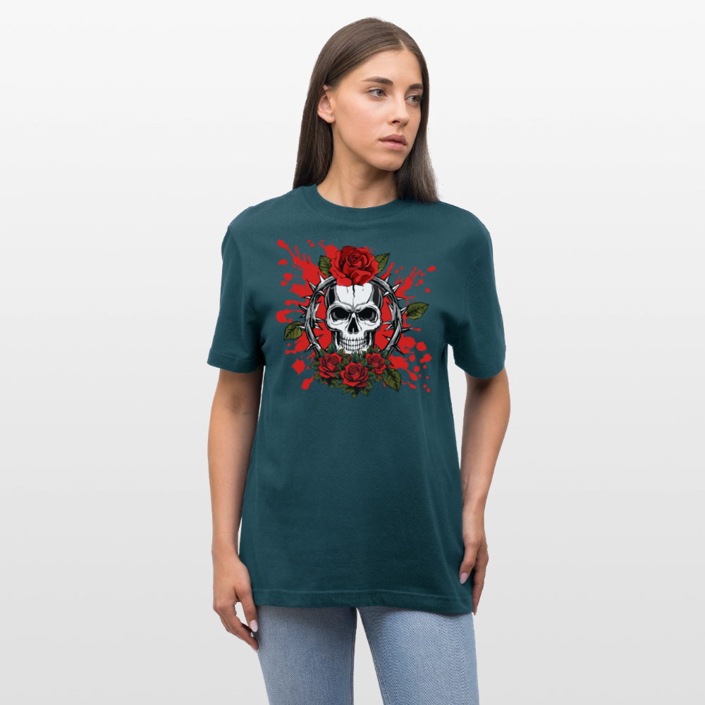 Relaxed Fit Unisex Bio-T-Shirt mit  ROSEN SKULL PRINT Vorderseite - Dunkles Petrol