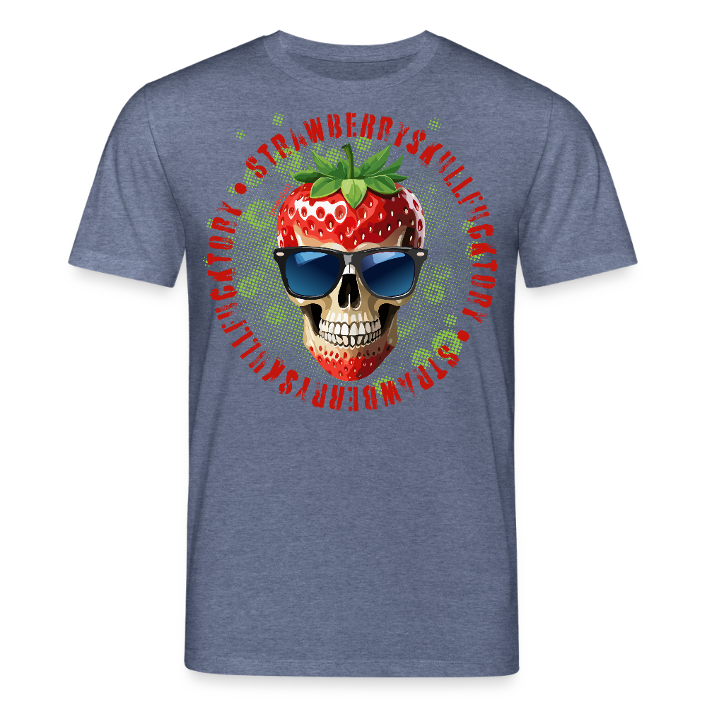 Unisex Bio-T-Shirt mit STRAWBERRY SKULL PRINT Vorderseite - Dunkelblau meliert