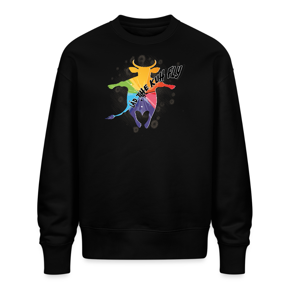 Unisex Oversize Pullover mit LÄS THE KUH FLY PRINT - Schwarz
