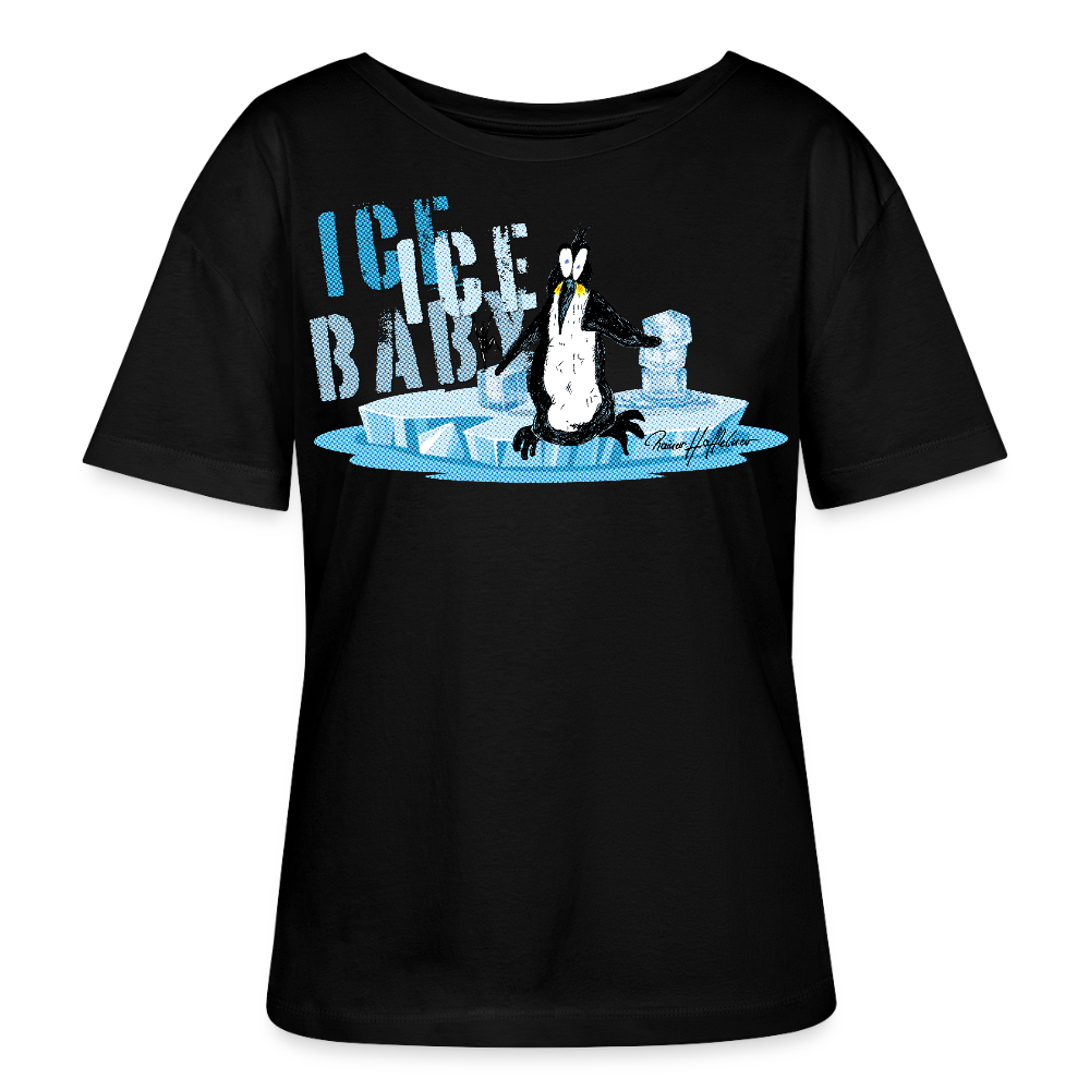 Relaxed Rundhals Frauen Bio-T-Shirt mit ICE ICE BABY PINGUIN PRINT - Schwarz