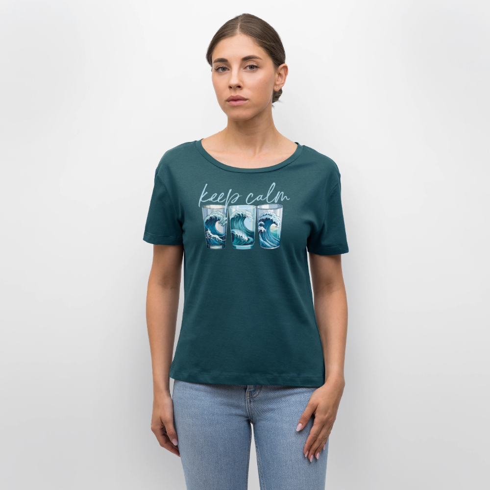 Relaxed Rundhals Frauen Bio-T-Shirt mit KEEP CALM PRINT - Dunkles Petrol