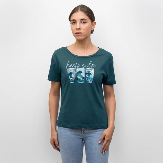 Relaxed Rundhals Frauen Bio-T-Shirt mit KEEP CALM PRINT - Dunkles Petrol