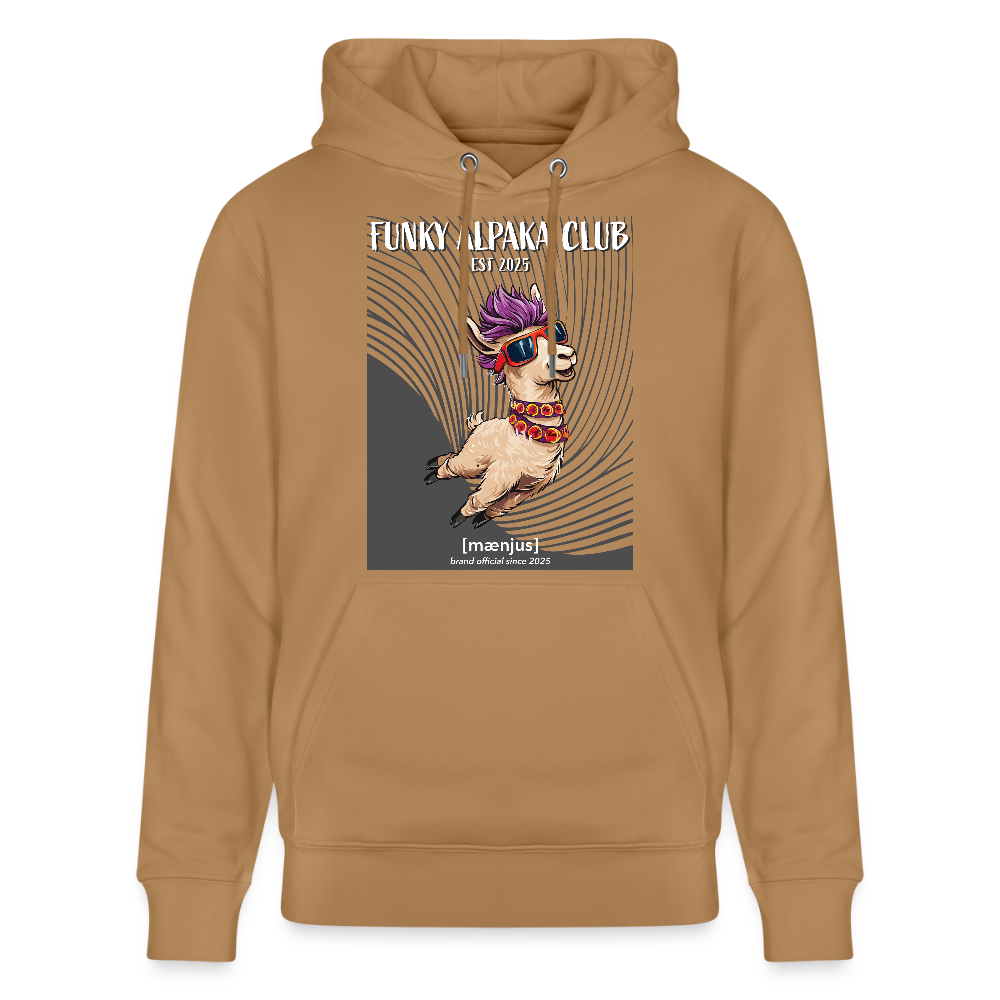 Unisex Bio-Hoodie mit FUNKY ALPAKA CLUB PRINT Vorderseite - Karamell 