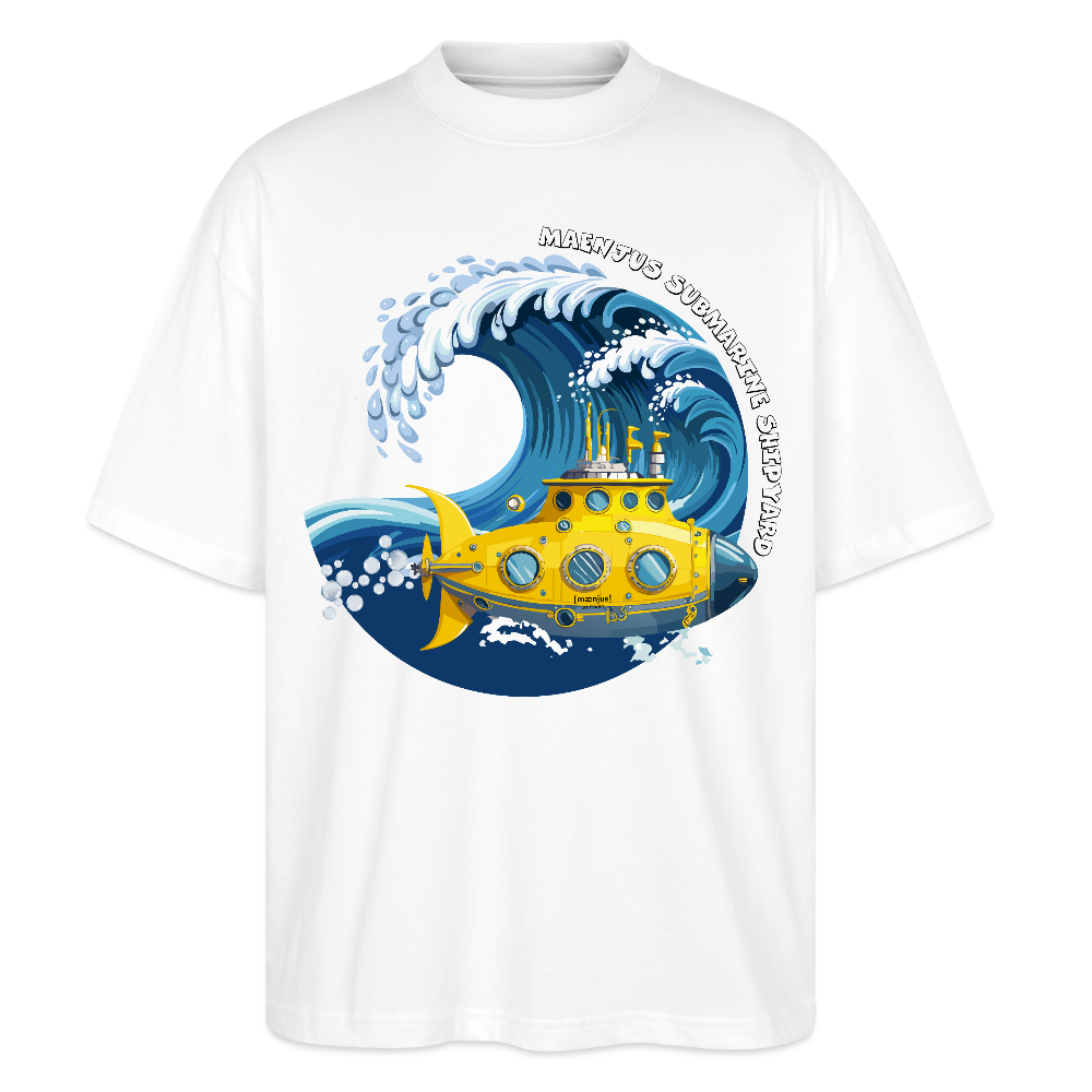 Oversized Unisex Bio T-Shirt mit MAENJUS SUBMARINE SHIPYARD PRINT Vorderseite - Weiß