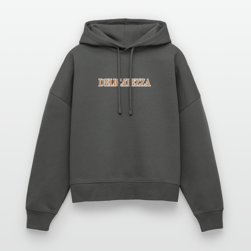 Boxy Frauen Bio Hoodie mit DELIKATEZZA SARDINE PRINT Vorder- und RÜCKSEITE - Anthrazit