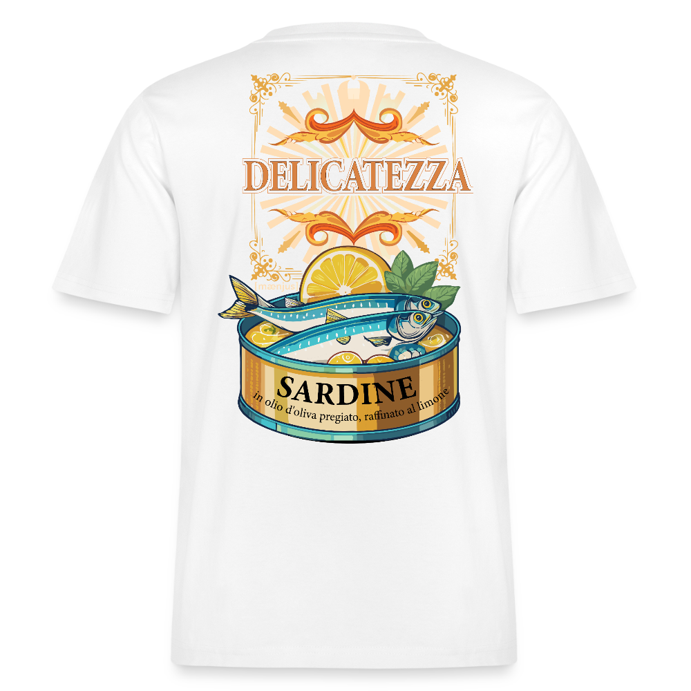Relaxed Fit Unisex Bio-T-Shirt mit DELICATEZZA SARDINE PRINT Vorder- und Rückseite - Weiß