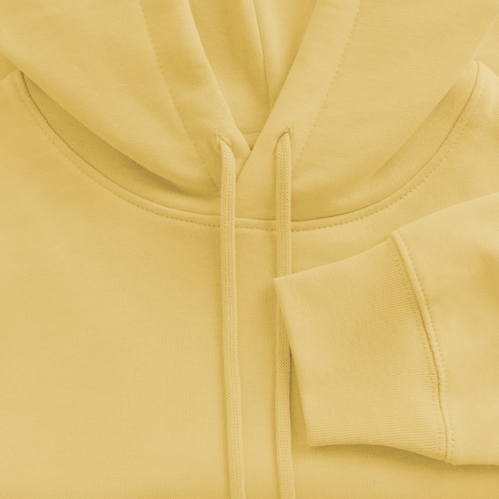 Boxy Frauen Bio Hoodie mit DELIKATEZZA SARDINE PRINT Vorder- und RÜCKSEITE - Hellgelb