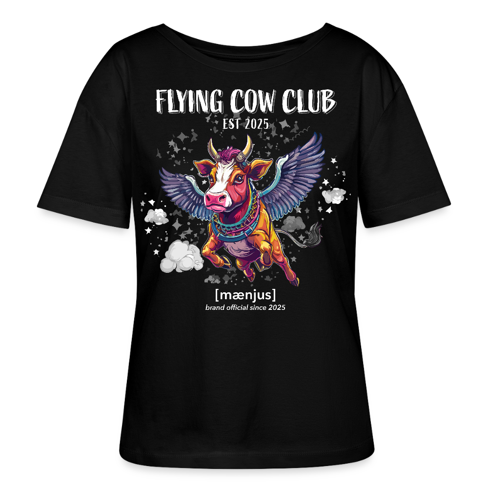 Relaxed Rundhals Frauen Bio-T-Shirt mit FLYING COW CLUB PRINT - Schwarz