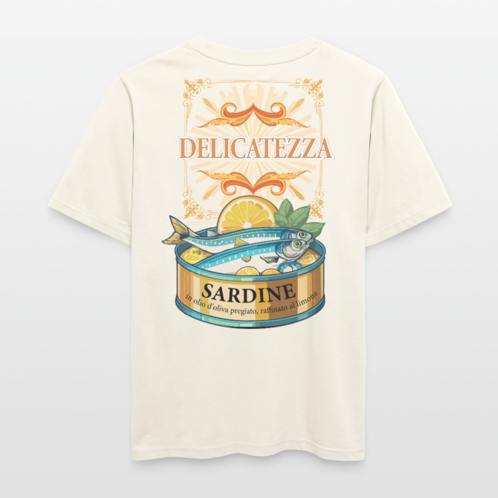 Relaxed Fit Unisex Bio-T-Shirt mit DELICATEZZA SARDINE PRINT Vorder- und Rückseite - Naturweiß 