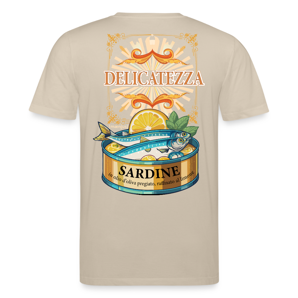 Unisex Bio-T-Shirt mit DELICATEZZA SARDINE PRINT Vorder- und Rückseite - Beige