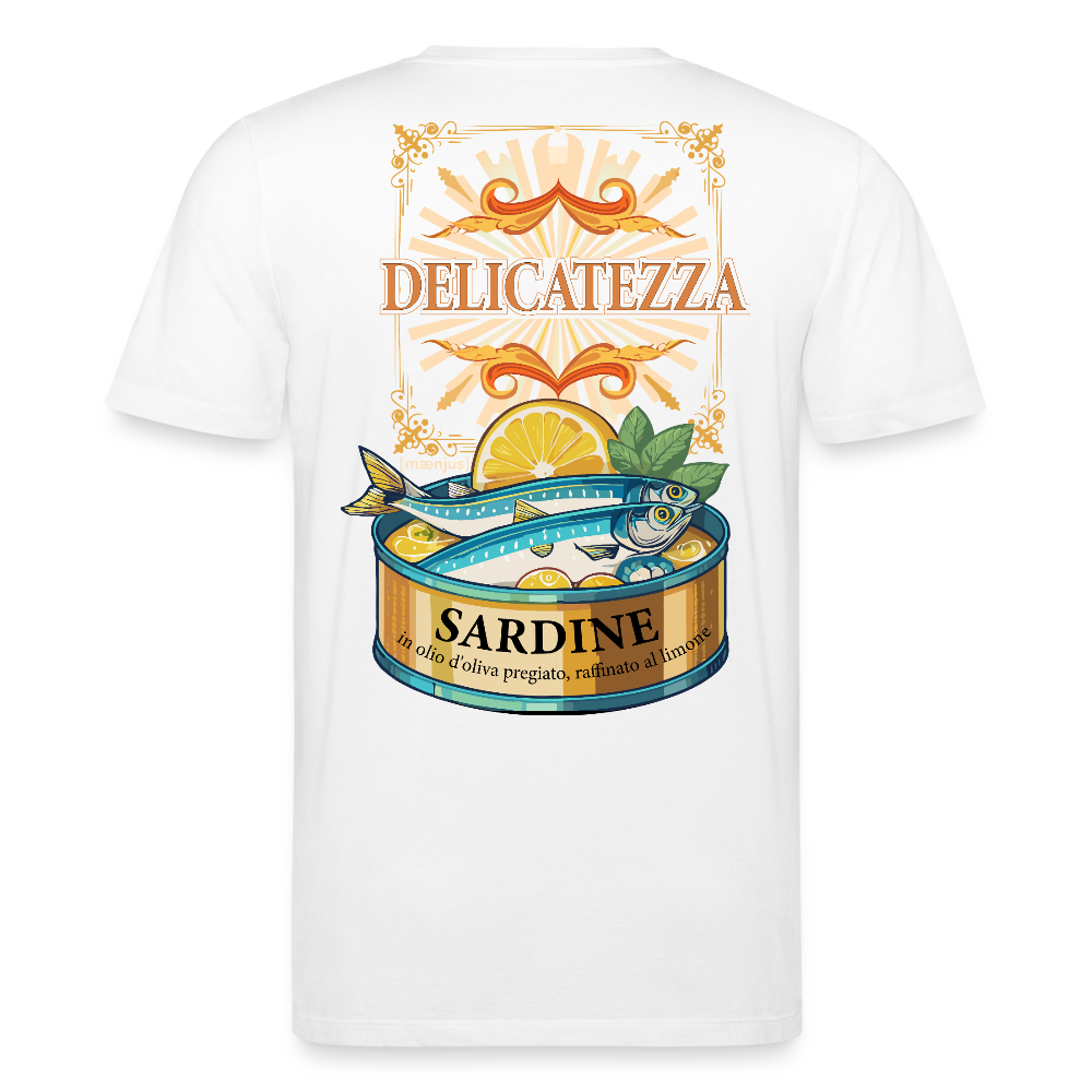 Unisex Bio-T-Shirt mit DELICATEZZA SARDINE PRINT Vorder- und Rückseite - Weiß