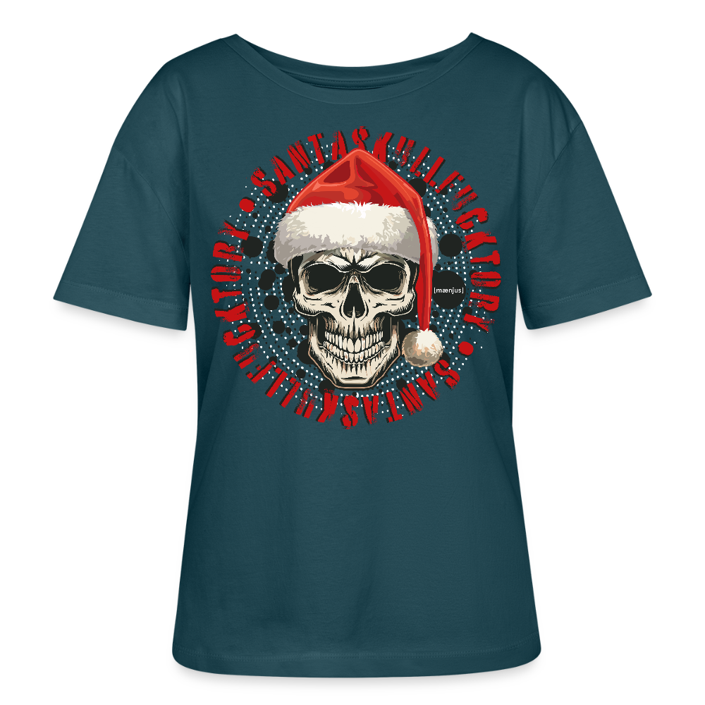 Rundhals Frauen Bio-T-Shirt mit SANTASKULL FUCKTORY PRINT - Dunkles Petrol