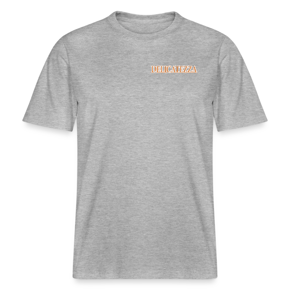 Relaxed Fit Unisex Bio-T-Shirt mit DELICATEZZA SARDINE PRINT Vorder- und Rückseite - Grau meliert