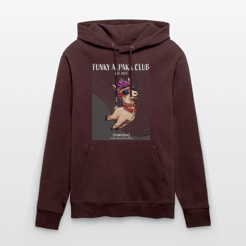 Unisex Bio-Hoodie mit FUNKY ALPAKA CLUB PRINT Vorderseite - Maroon