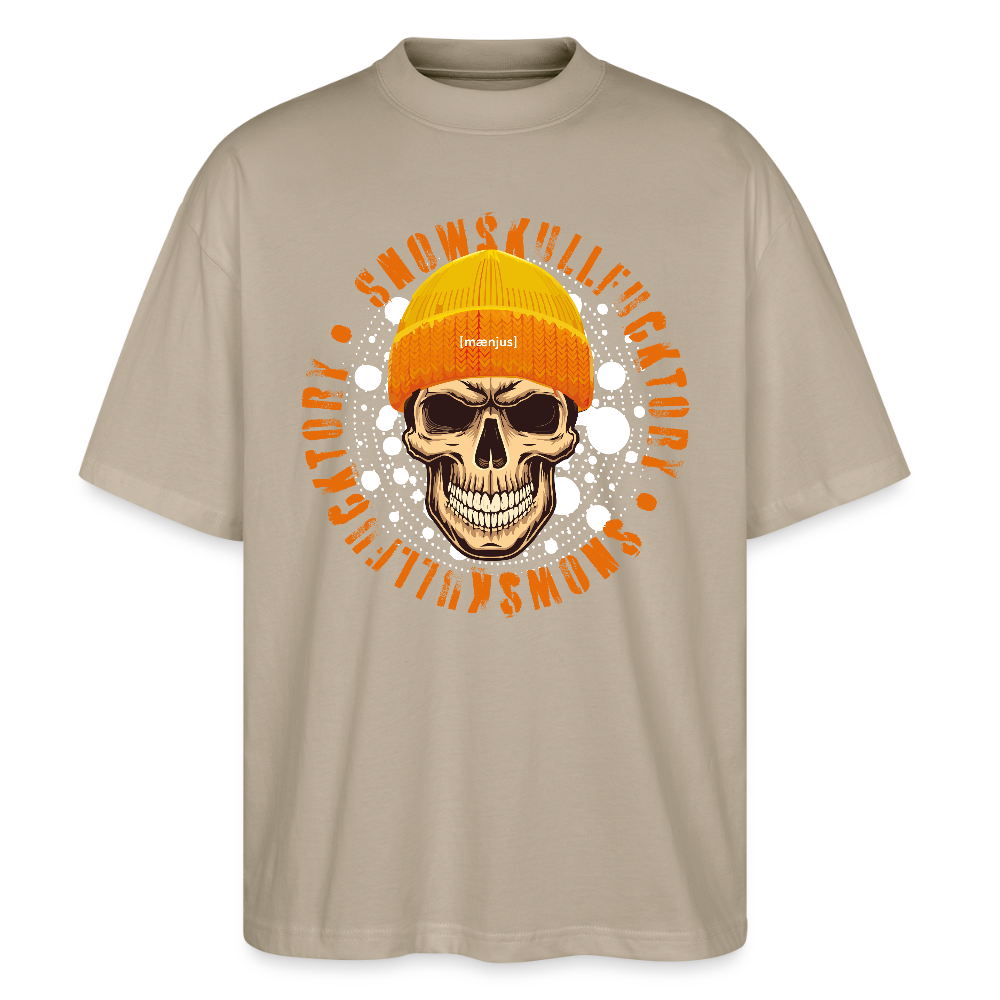 Oversized Unisex Bio T-Shirt mit SNOWSKULL FUCKTORY PRINT - Steingrau