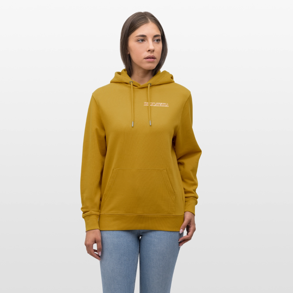 Unisex Hoodie mit DELICATEZZA SARDINE PRINT Vorder- und Rückseite - Ocker