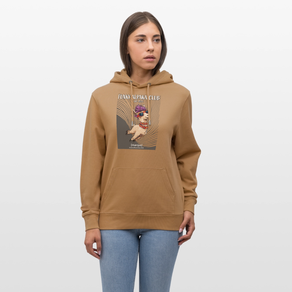 Unisex Bio-Hoodie mit FUNKY ALPAKA CLUB PRINT Vorderseite - Karamell 