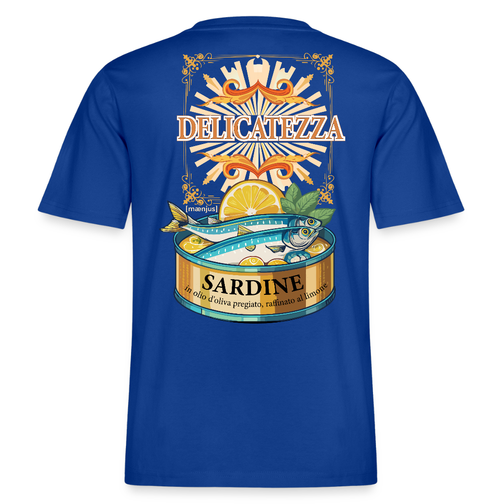 Relaxed Fit Unisex Bio-T-Shirt mit DELICATEZZA SARDINE PRINT Vorder- und Rückseite - Dunkelblau