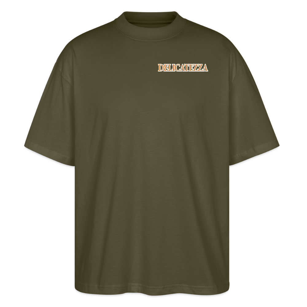 Oversized Unisex T-Shirt mit DELICATEZZA SARDINE PRINT Vorder- und Rückseite - Khaki
