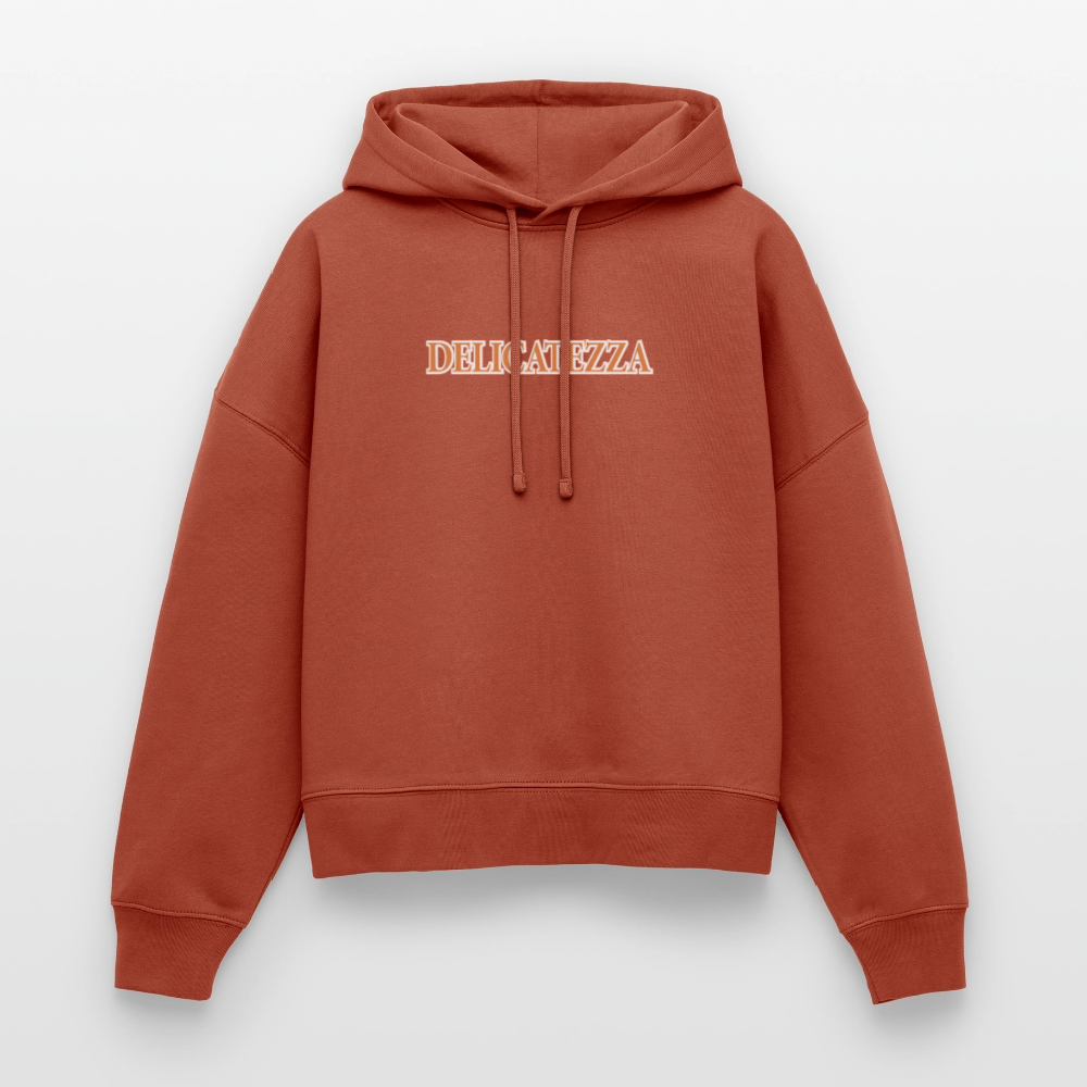 Boxy Frauen Bio Hoodie mit DELIKATEZZA SARDINE PRINT Vorder- und RÜCKSEITE - Terrakotta