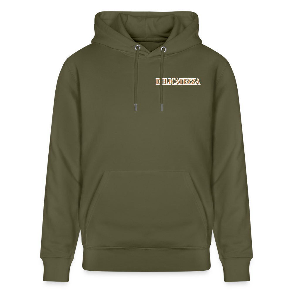 Unisex Hoodie mit DELICATEZZA SARDINE PRINT Vorder- und Rückseite - Khaki Grün