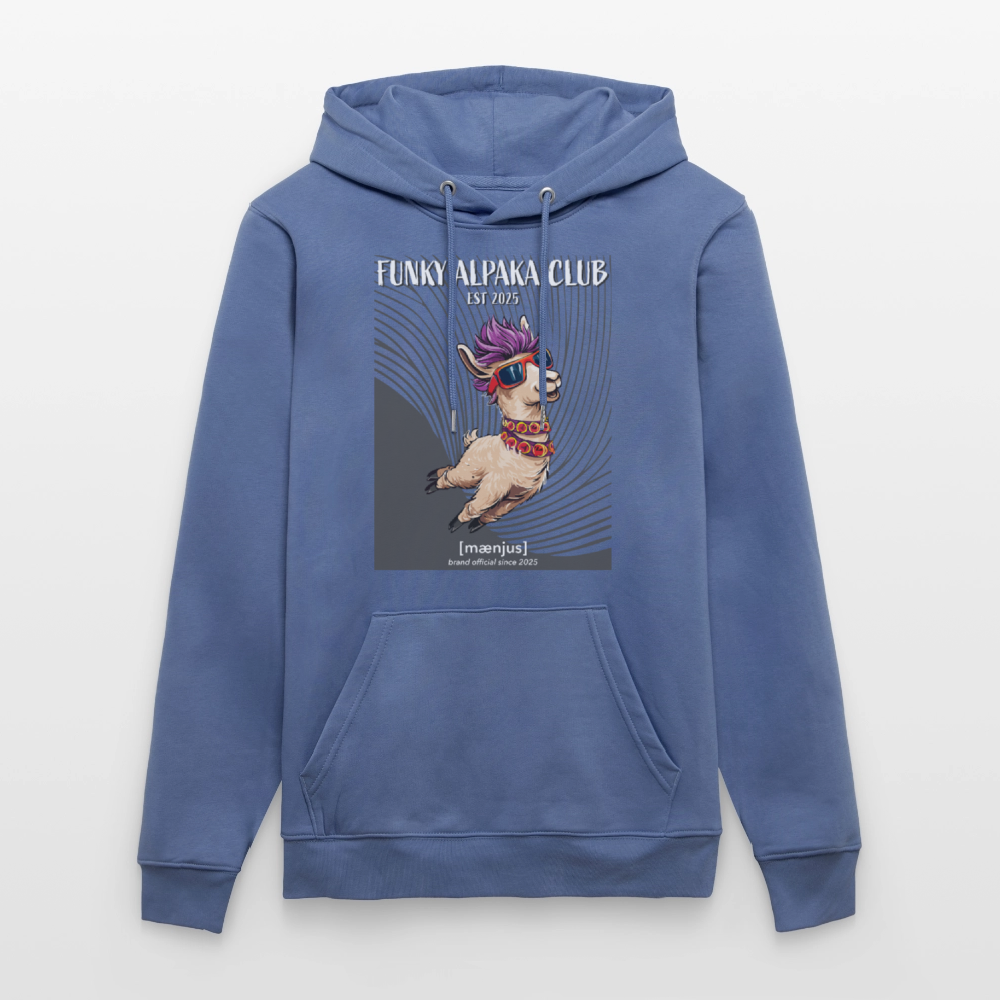 Unisex Bio-Hoodie mit FUNKY ALPAKA CLUB PRINT Vorderseite - Blau