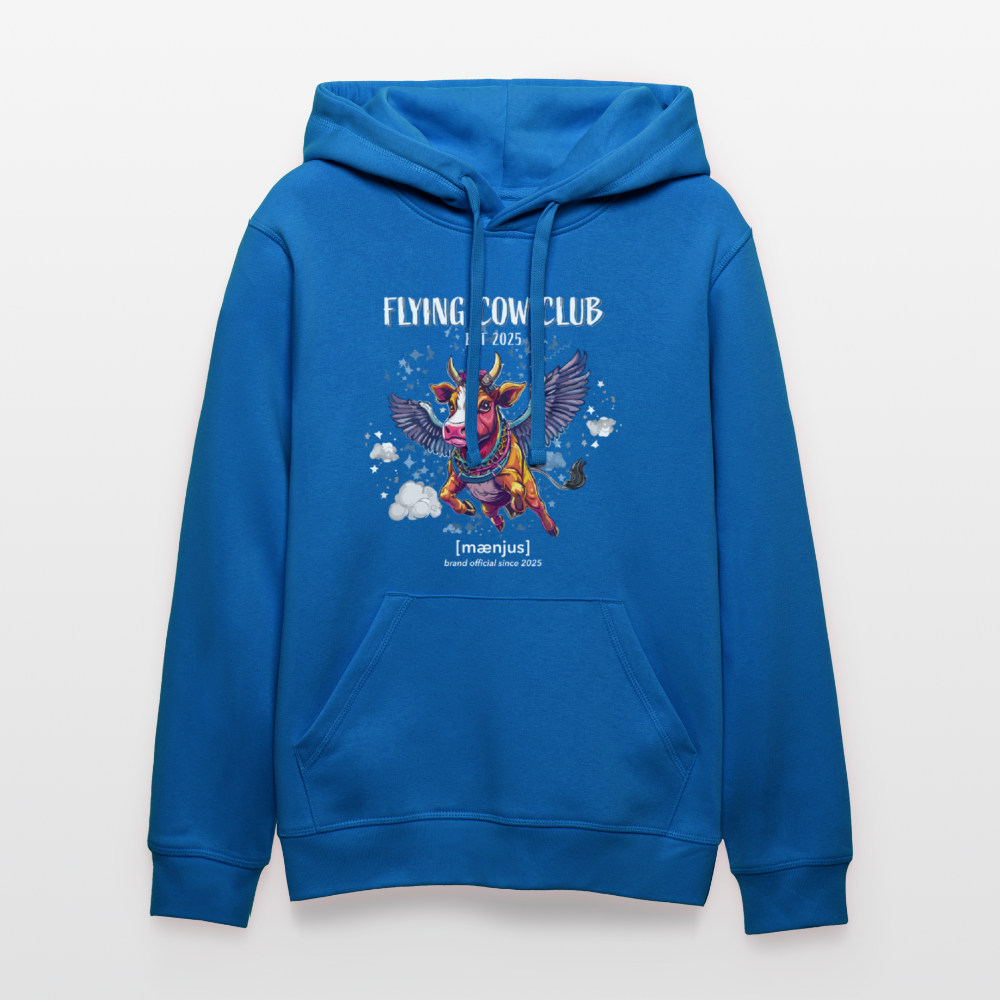 Unisex Bio-Hoodie mit FLYING COW CLUB PRINT Vorderseite - Königsblau