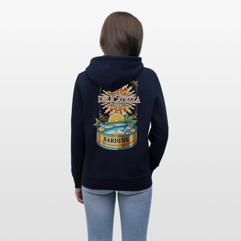 Unisex Hoodie mit DELICATEZZA SARDINE PRINT Vorder- und Rückseite - Navy