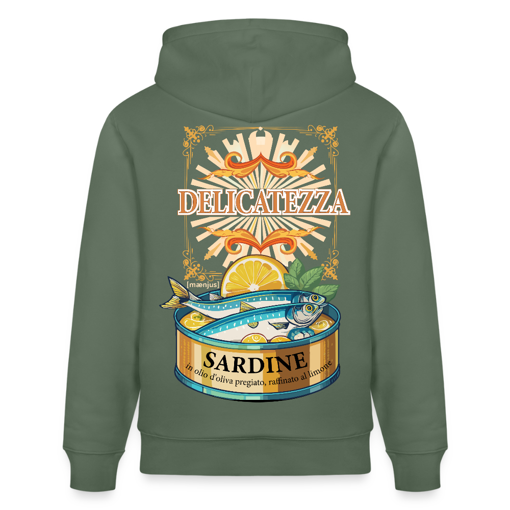 Unisex Hoodie mit DELICATEZZA SARDINE PRINT Vorder- und Rückseite - Tanngrün