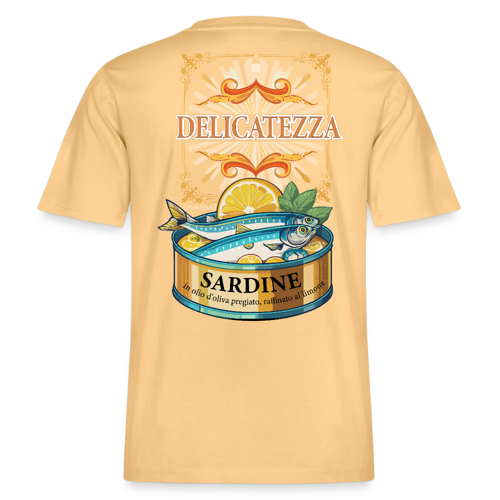 Relaxed Fit Unisex Bio-T-Shirt mit DELICATEZZA SARDINE PRINT Vorder- und Rückseite - Hellgelb