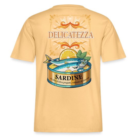 Relaxed Fit Unisex Bio-T-Shirt mit DELICATEZZA SARDINE PRINT Vorder- und Rückseite - Hellgelb