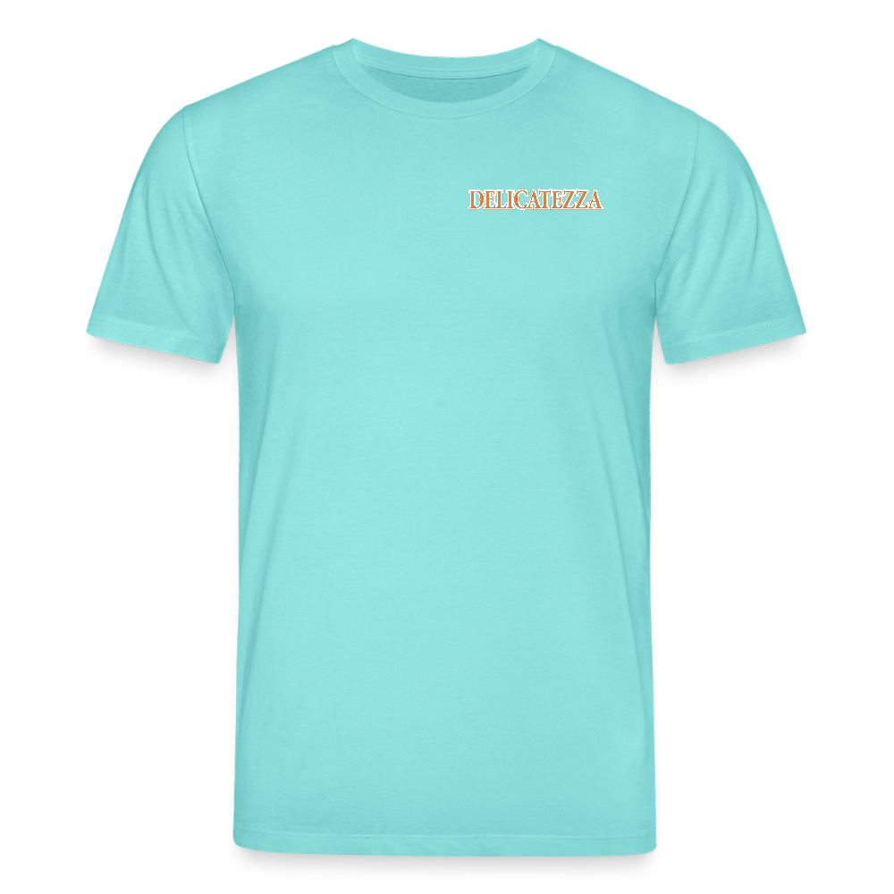 Unisex Bio-T-Shirt mit DELICATEZZA SARDINE PRINT Vorder- und Rückseite - Poolblau