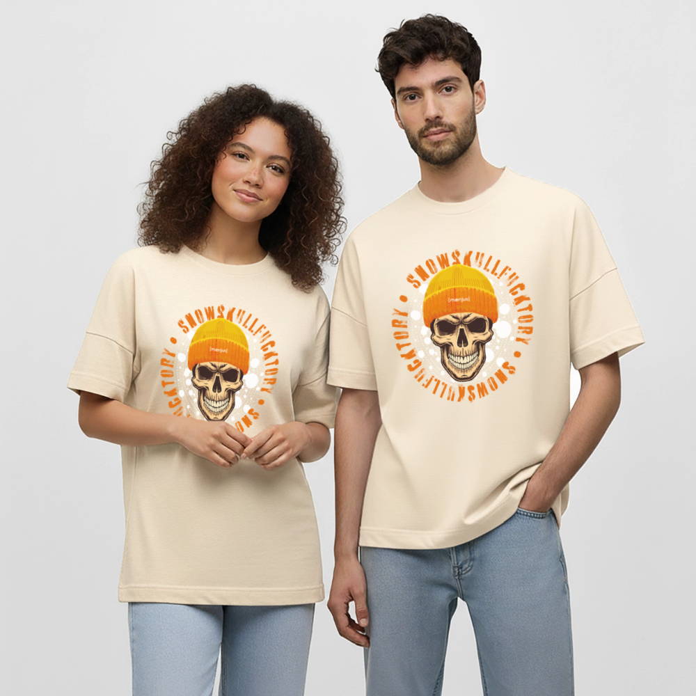 Oversized Unisex Bio T-Shirt mit SNOWSKULL FUCKTORY PRINT - Weißgrau