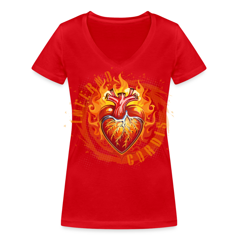 Frauen Bio-T-Shirt mit V-Ausschnitt mit FEUERHERZ PRINT - Rot