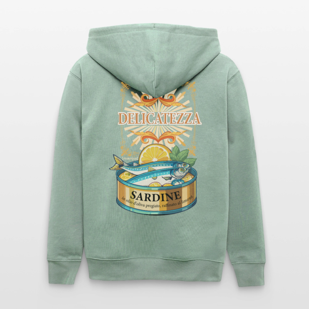 Unisex Bio-Kapuzenjacke mit DELICATEZZA PRINT Rückseite - Helles Graugrün