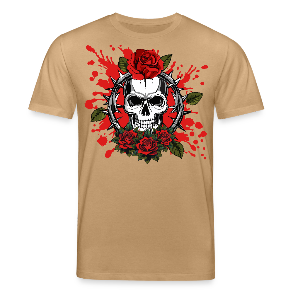 Unisex Bio-T-Shirt mit ROSEN SKULL PRINT Vorderseite - Karamell 