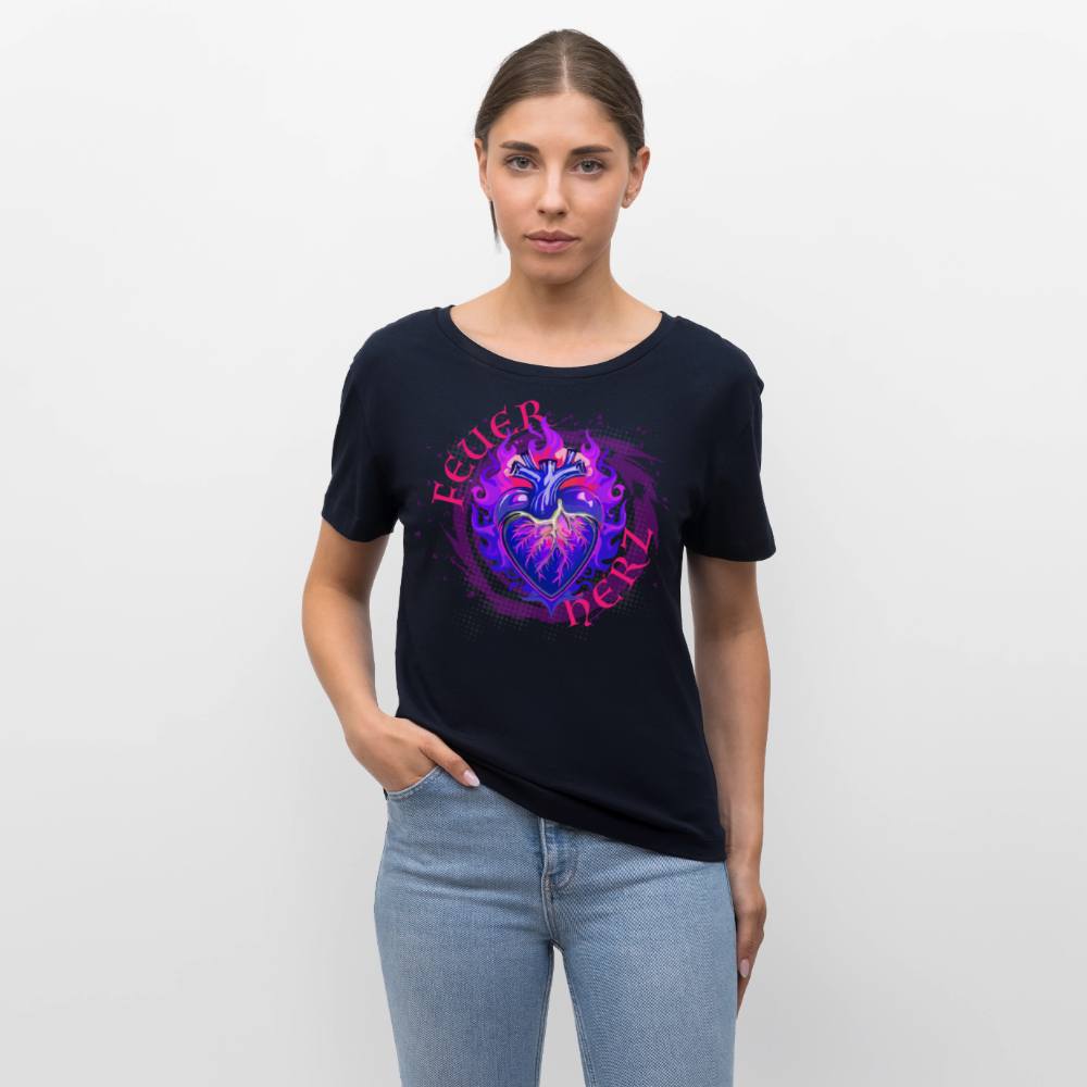 Frauen T-Shirt mit FEUERHERZ LILA PRINT - Navy