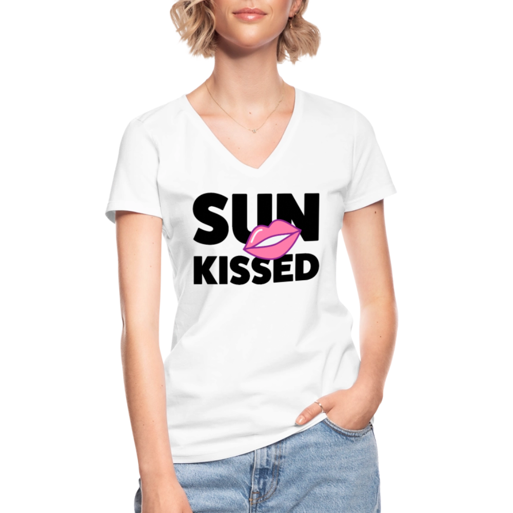 Klassisches Frauen-T-Shirt mit V-Ausschnitt mit SUN KISSED PRINT - Weiß