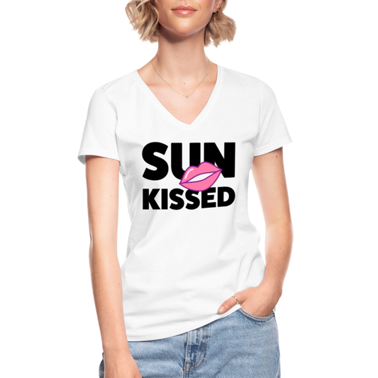 Klassisches Frauen-T-Shirt mit V-Ausschnitt mit SUN KISSED PRINT - Weiß