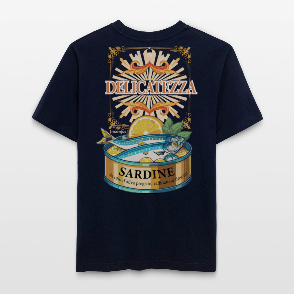 Relaxed Fit Unisex Bio-T-Shirt mit DELICATEZZA SARDINE PRINT Vorder- und Rückseite - Navy