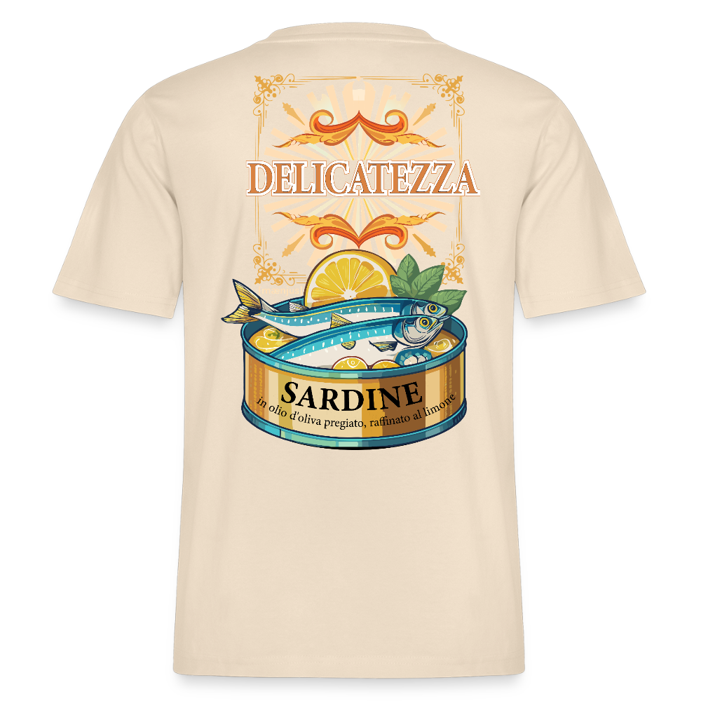 Relaxed Fit Unisex Bio-T-Shirt mit DELICATEZZA SARDINE PRINT Vorder- und Rückseite - Weißgrau