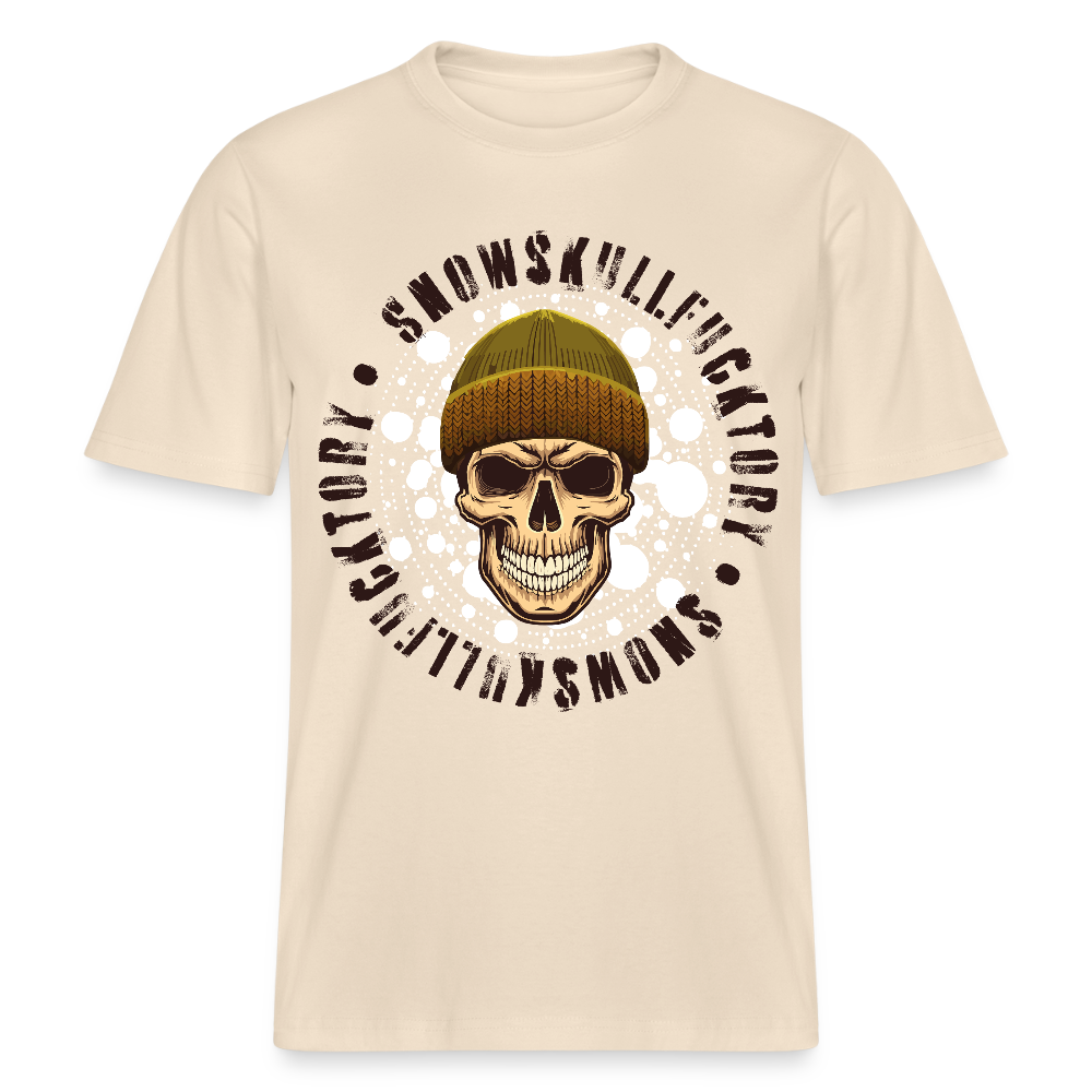 Relaxed Fit Unisex Bio-T-Shirt mit SNOWSKULL FUCKTORY PRINT Vorderseite - Weißgrau