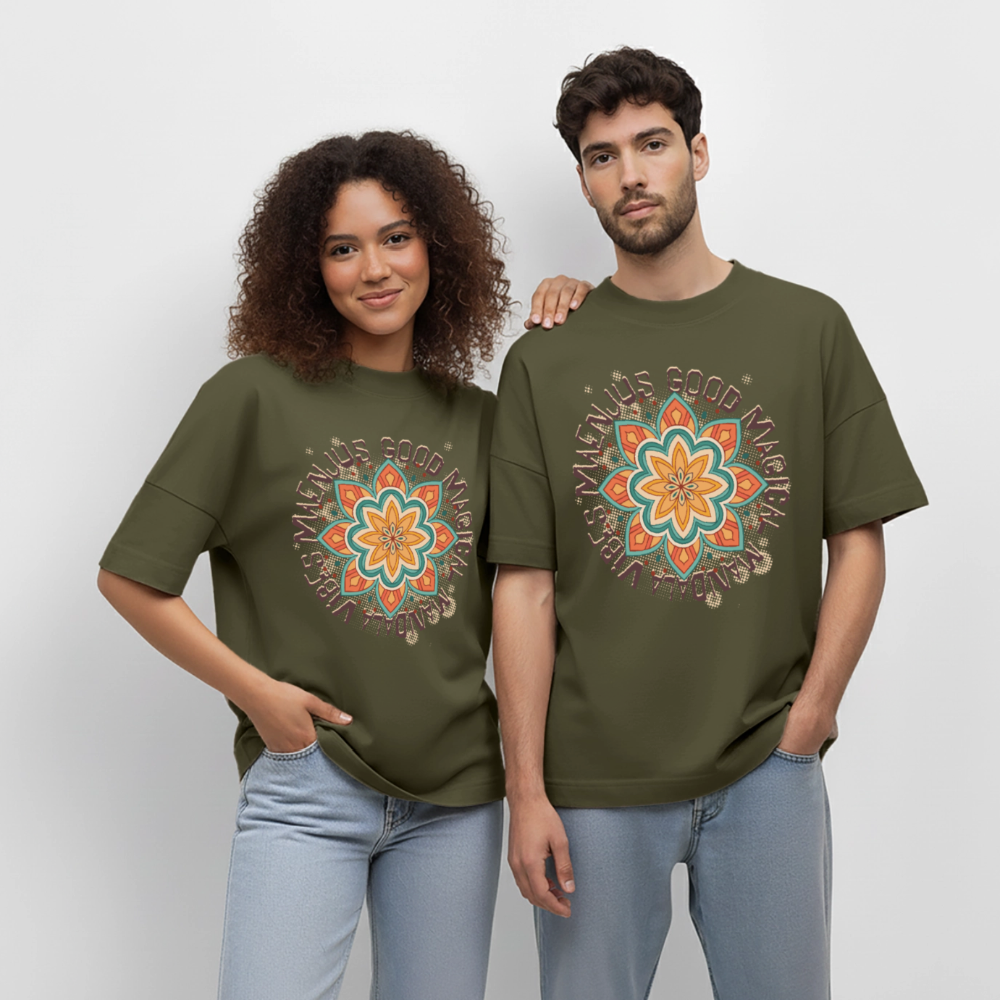 Oversized Unisex Bio T-Shirt mit MANDALA VIBES PRINT - Khaki