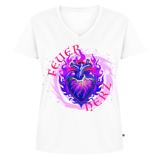 Frauen Bio-T-Shirt mit V-Ausschnitt mit FEUERHERZ LILA PRINT - Weiß