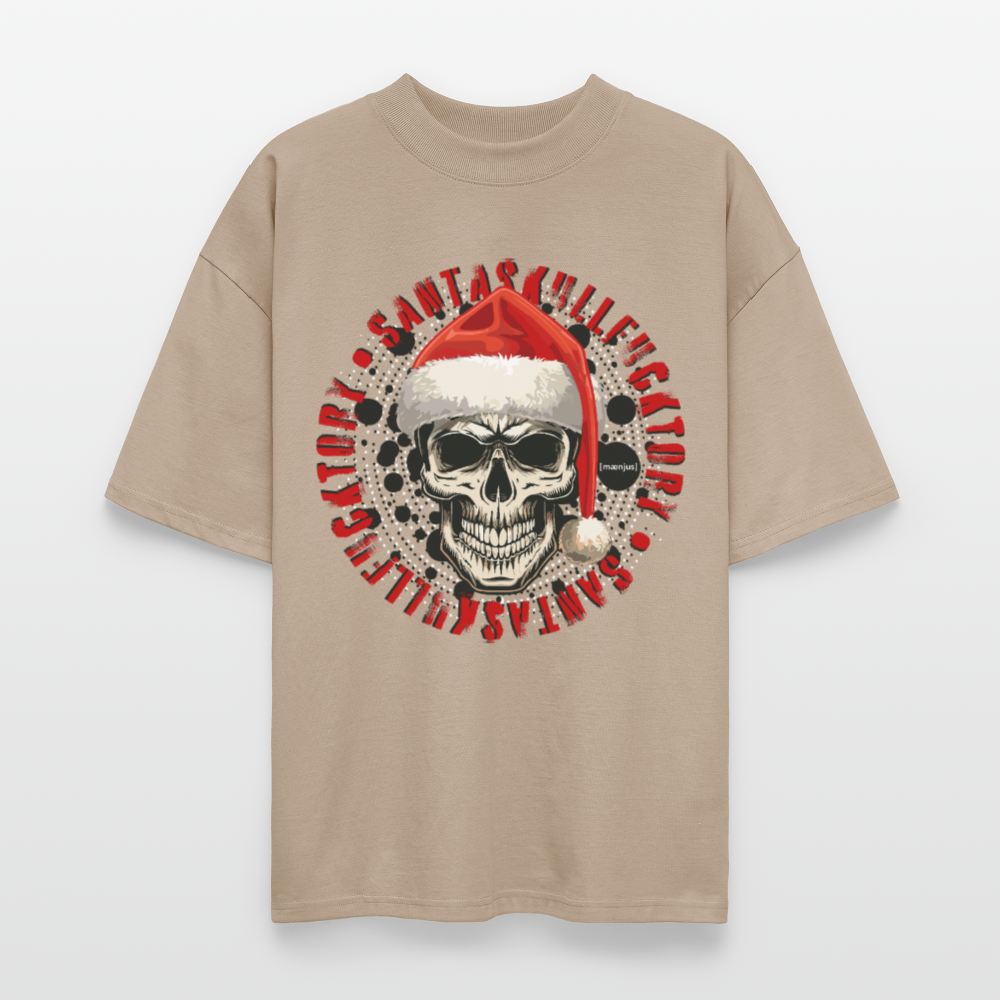 Oversized Unisex Bio T-Shirt mit SANTASKULL FUCKTORY PRINT - Steingrau