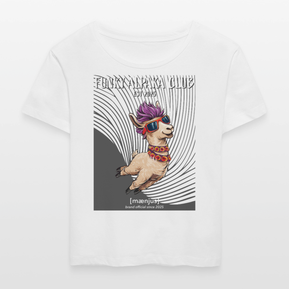 Relaxed Rundhals Frauen Bio-T-Shirt mit FUNKY ALPAKA CLUB PRINT - Weiß